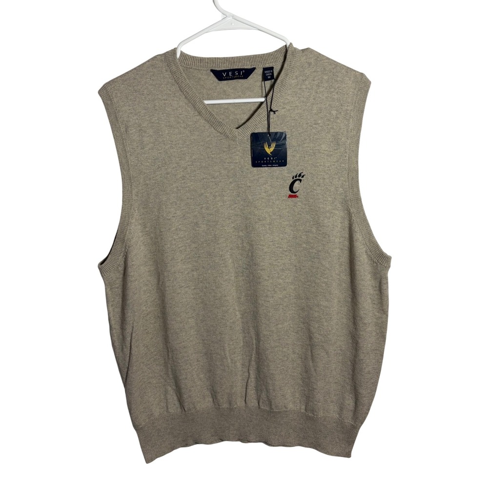 Vesi Cincinnati Bearcats Sweater Vest Mens Medium Tan Cotton Merino Wool NWT
